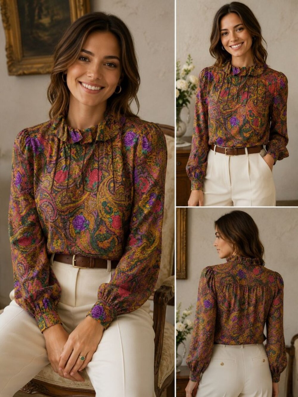 Albert Nipon Vintage Silk Paisley Ruffle Blouse – Bohemian Old Money Size 6